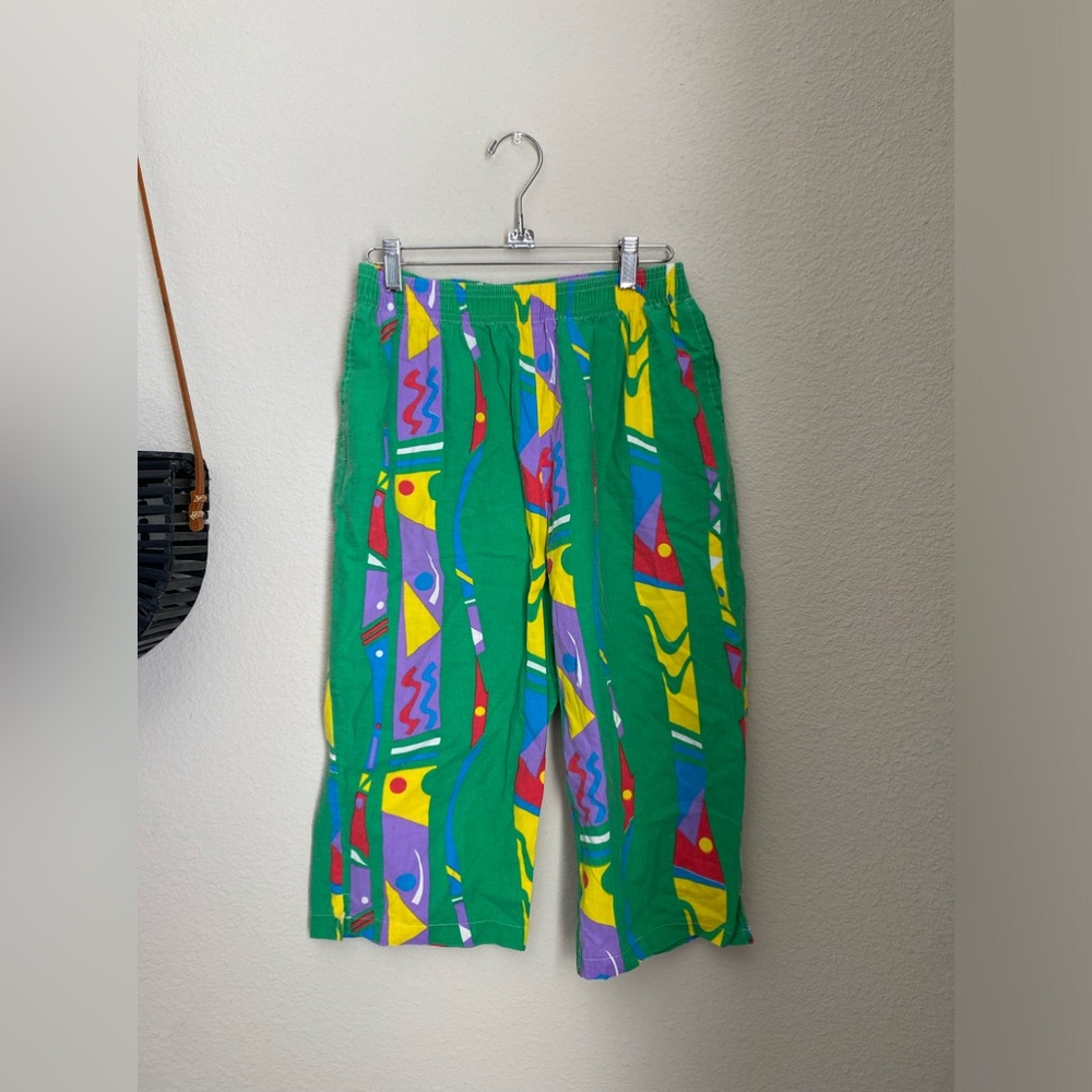 Vintage 1980's Peddlers Green Geometric Elastic Waist Pockets, Size Large